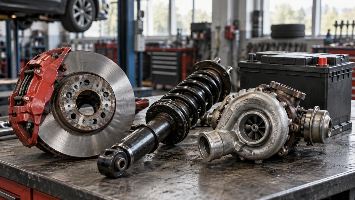Bremsscheibe, Stossdämpfer, Turbolader und Batterie in der Werkstatt der Garage Oberhasli